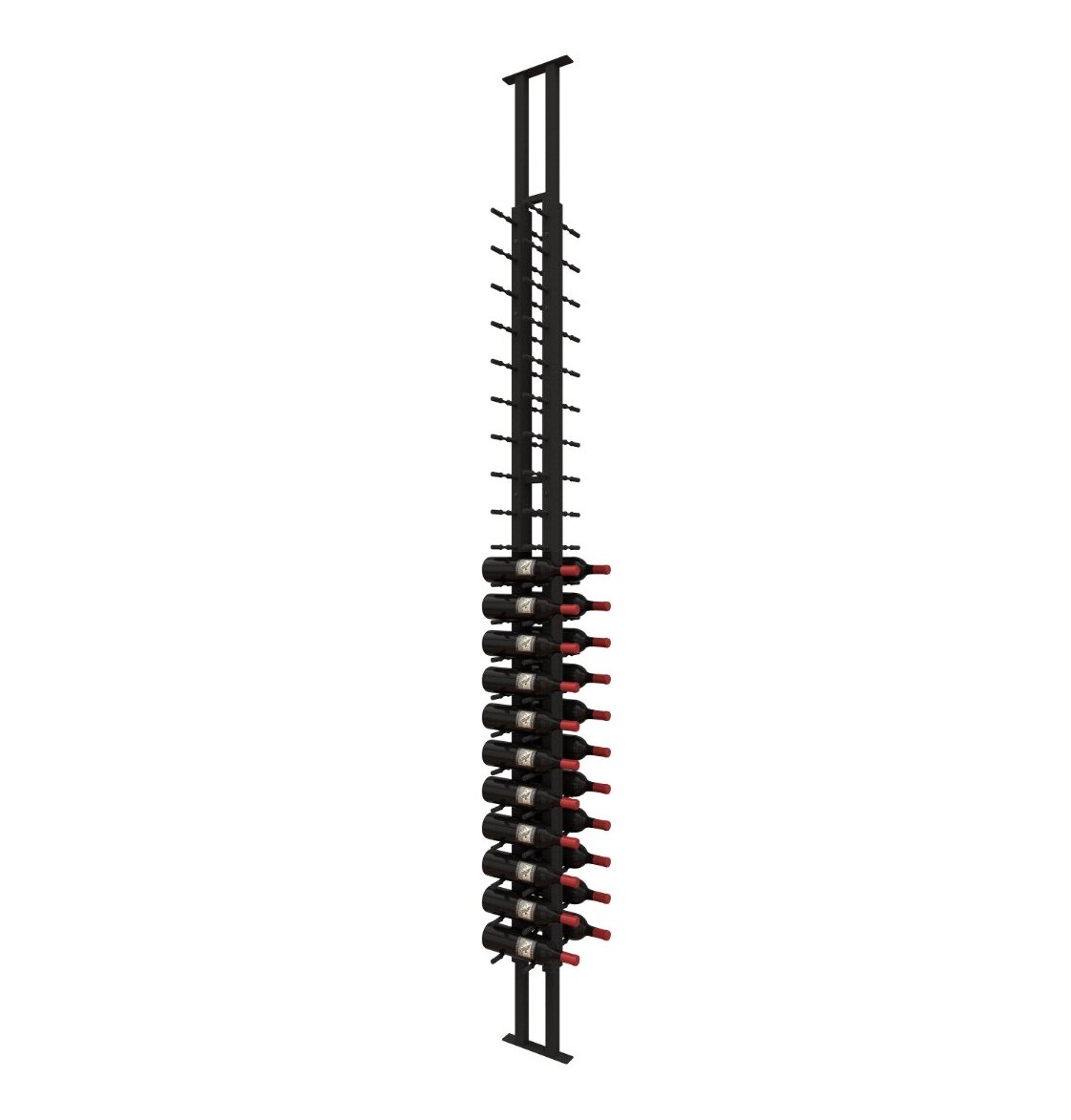 Double-sided wine peg rack with black posts and red-capped bottle holders, angled view
