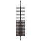 Wall-mounted wine bottle rack with dark frame and label-out pegs