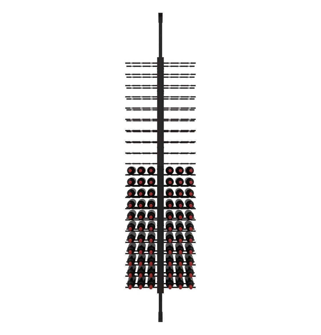 Wall-mounted wine bottle rack with dark frame and label-out pegs