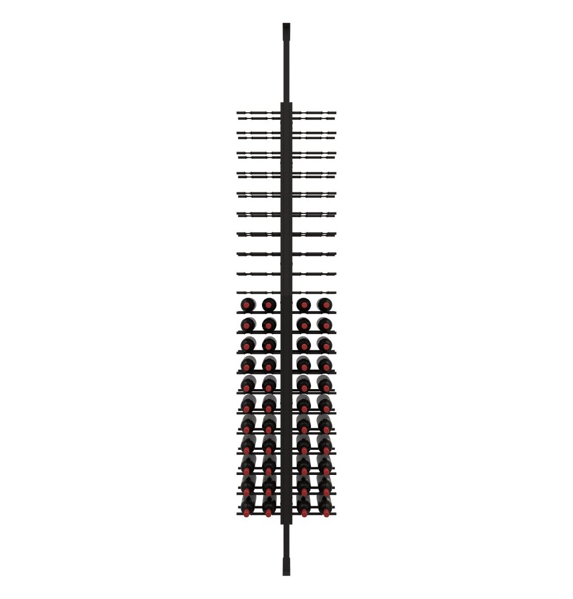 Wine peg display frame with black posts and red-capped bottle holders, front view