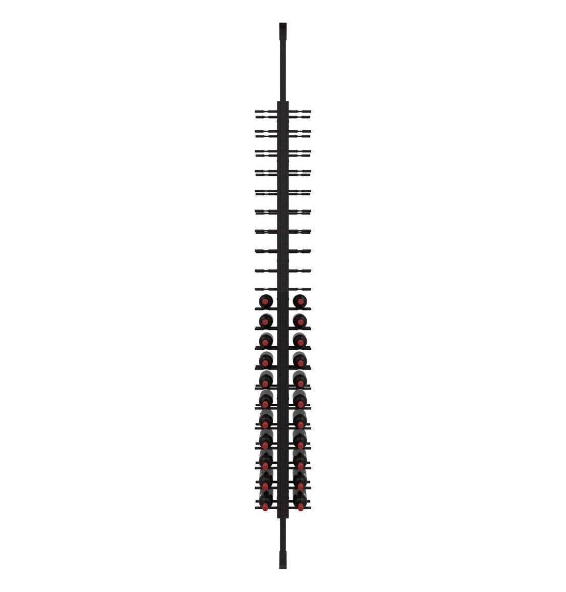 Wine peg display frame with black posts and red-capped bottle holders, front view