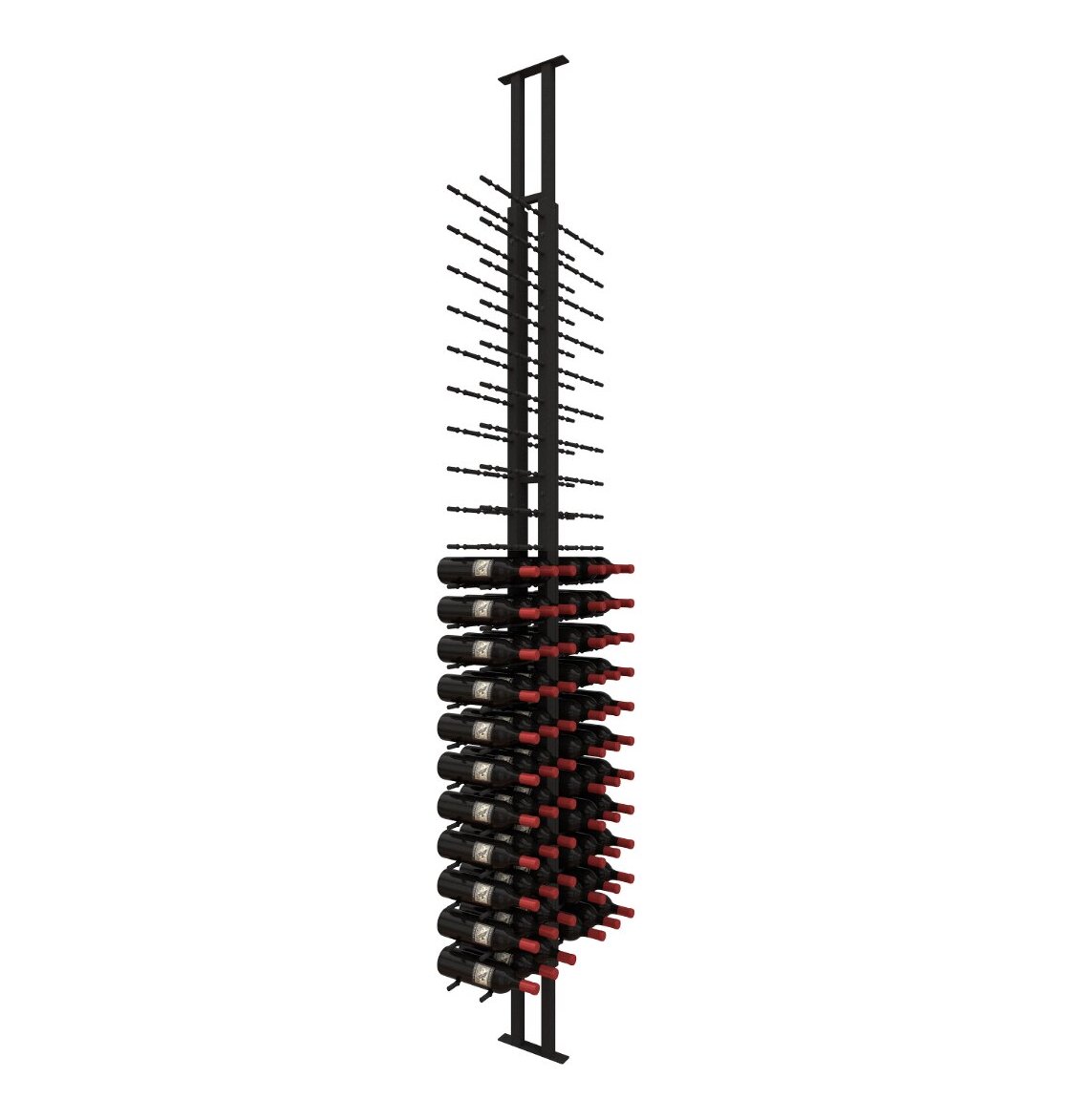 Wine peg display frame with black posts and red-capped bottle holders, wider side view