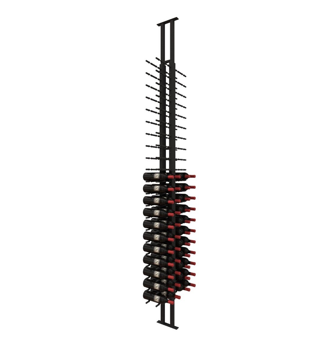 Double-sided wine peg rack with black posts and red-capped bottle holders, side view