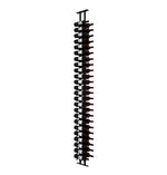 Wine peg display frame with black posts and red-capped bottle holders, long front view