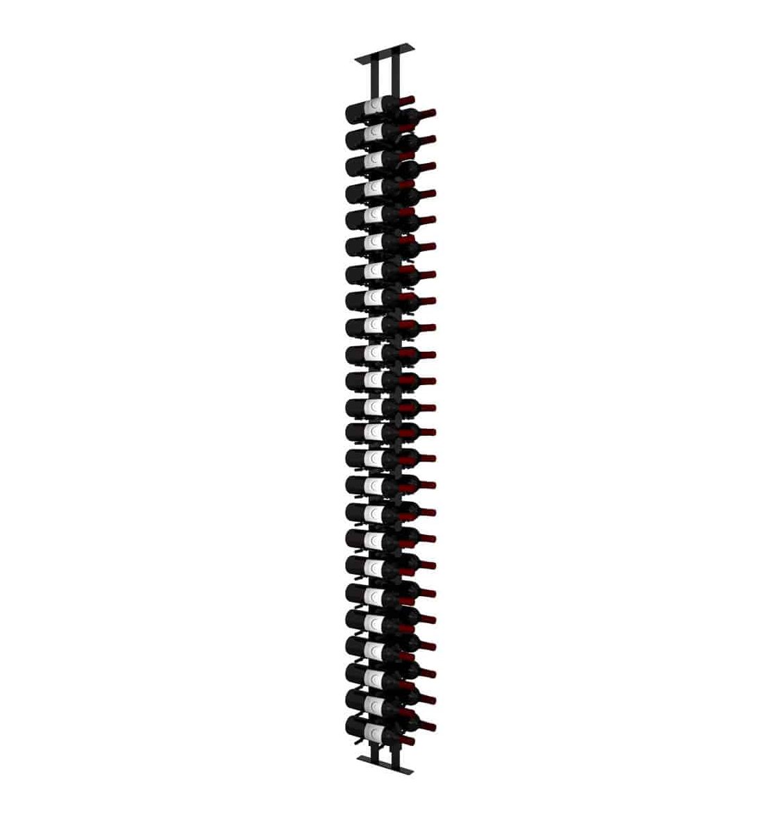 Wine peg display frame with black posts and red-capped bottle holders, long front view