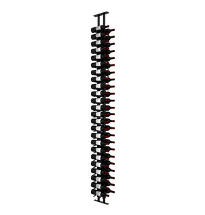 Wine peg display frame with black posts and red-capped bottle holders, long front view
