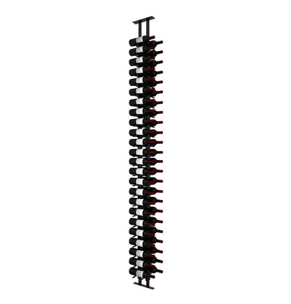 Wine peg display frame with black posts and red-capped bottle holders, long front view