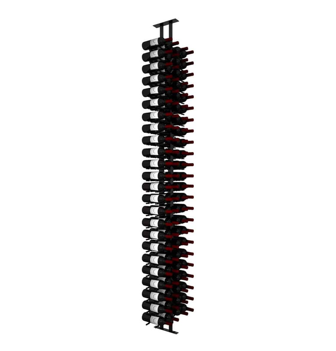 Wine peg display frame with black posts and red-capped bottle holders, angled front view