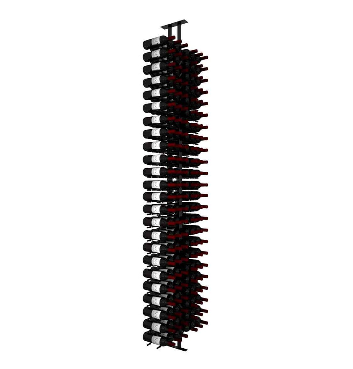 Double-sided wine bottle rack with dark pegs on a hanging display frame
