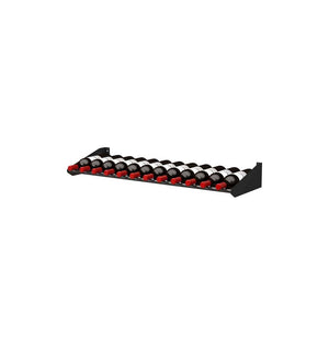 Bottle display rack holding red-capped bottles in black cradles