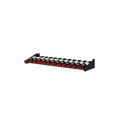 Bottle display rack holding red-capped bottles in black cradles