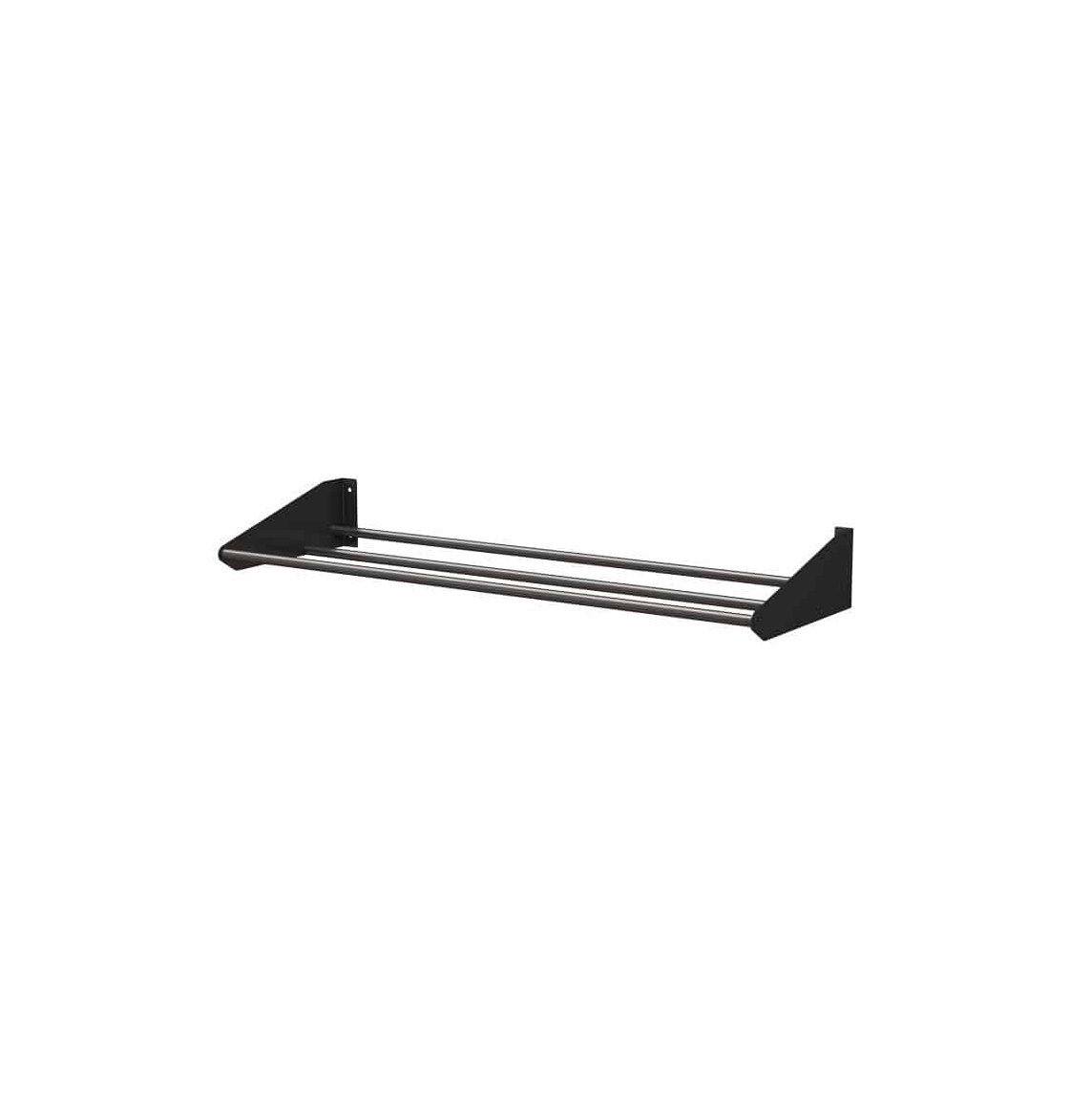 Black bottle display rack with metal bars and two side supports