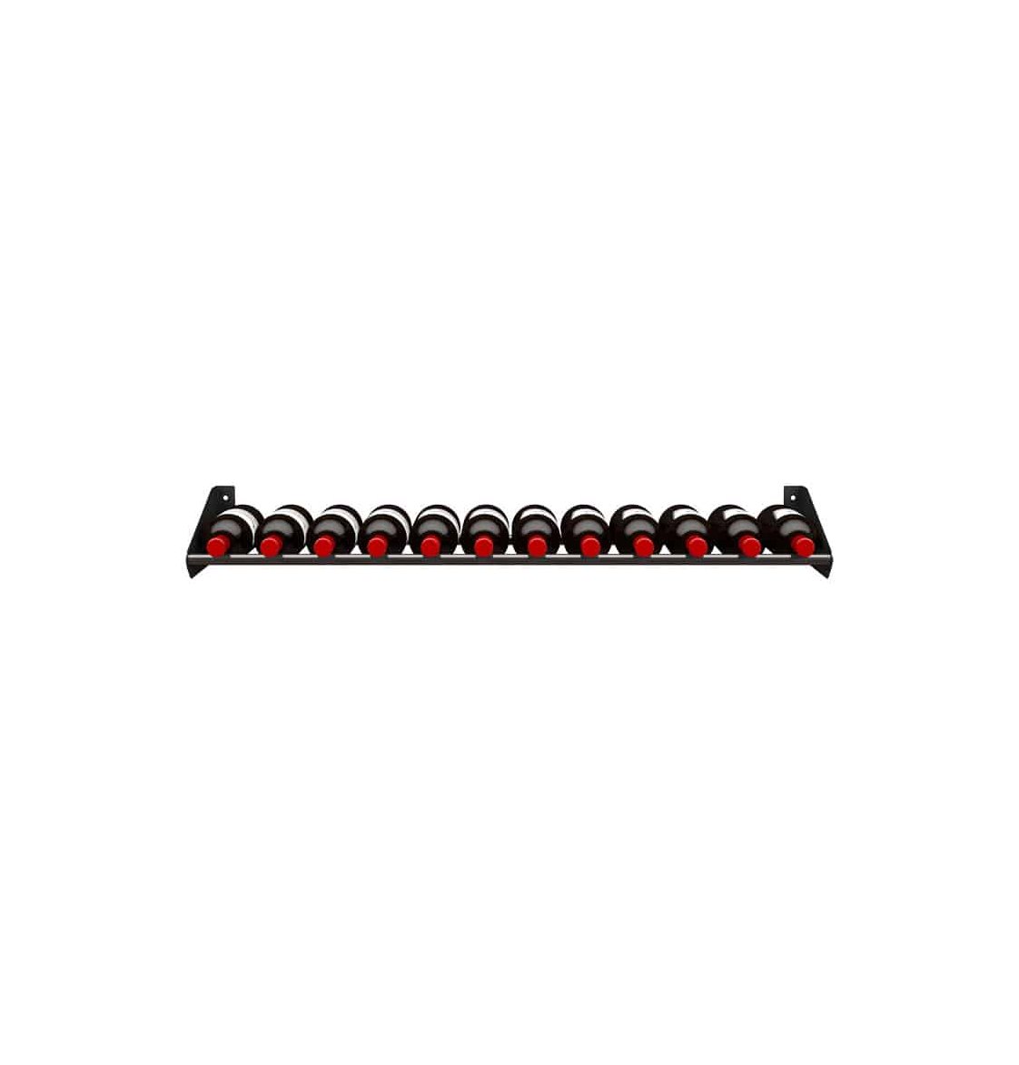 Bottle display rack with rows of red-and-black capped bottles in tray
