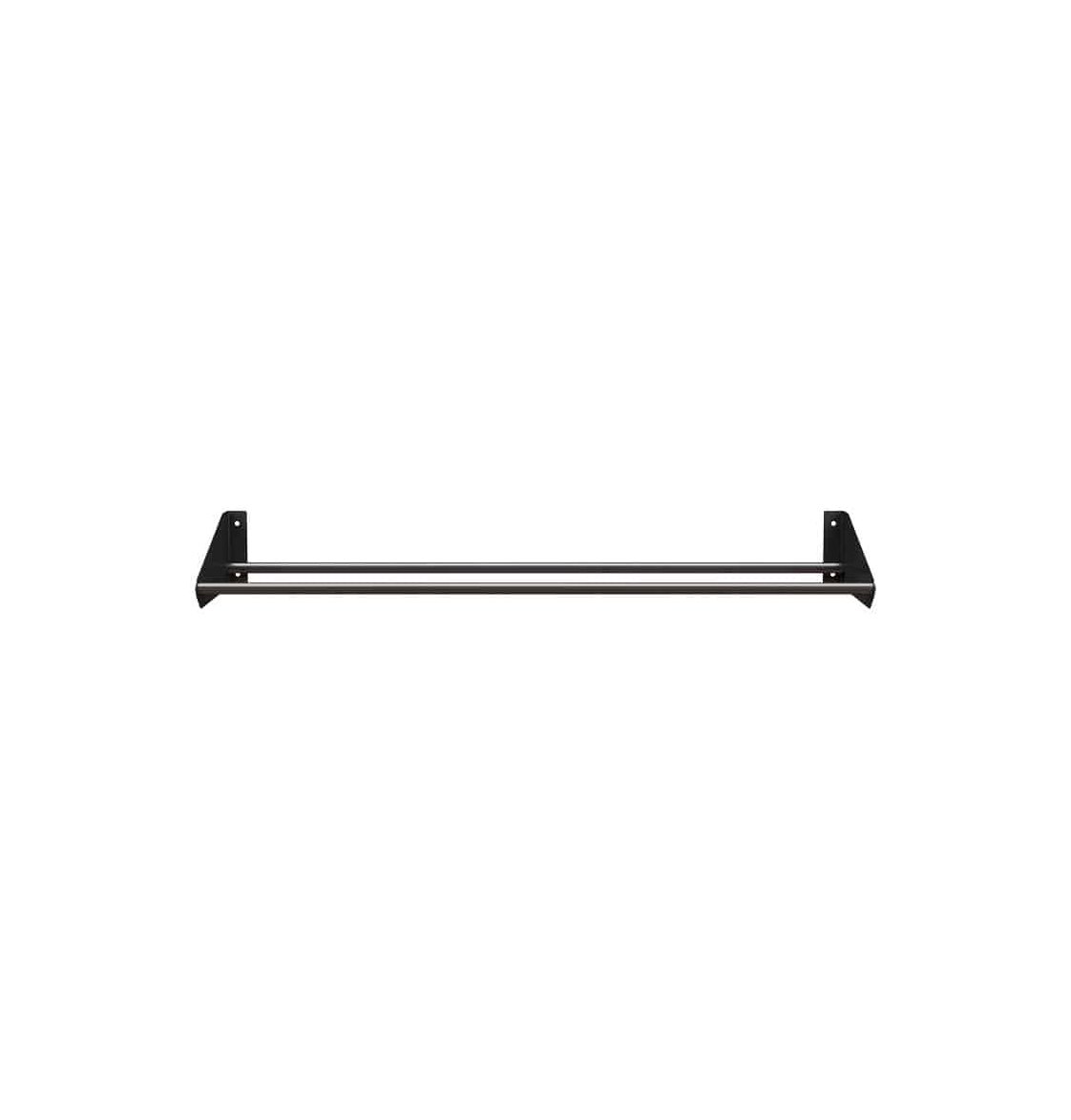 Black bottle display rack with parallel metal bars and two end brackets