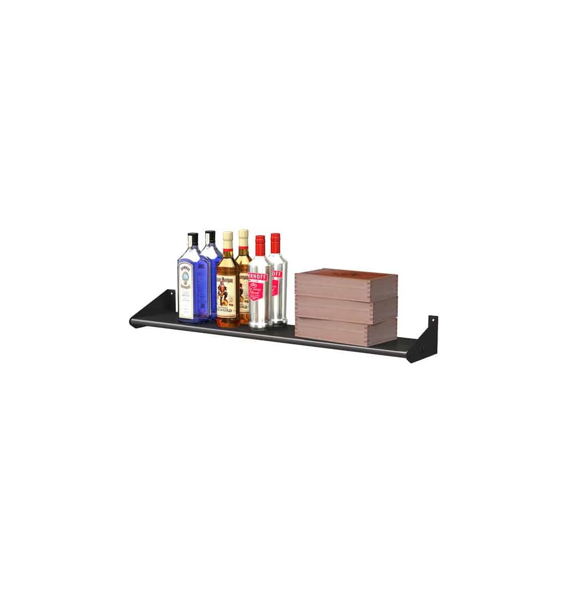 Black wall-mount liquor shelf holding bottles and a stacked wooden block divider
