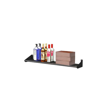 Black wall-mount liquor shelf holding bottles and a stacked wooden block divider