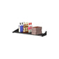Black liquor shelf with bottles and stacked wooden block divider on the right