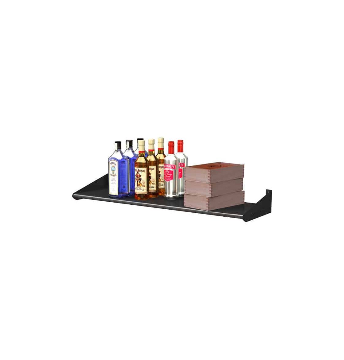 Black liquor shelf with bottles and stacked wooden block divider on the right