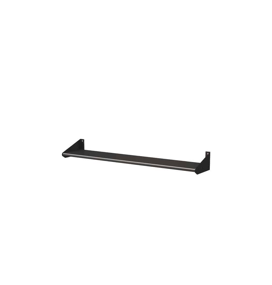 Wall-mount liquor display shelf with black metal board and end mounting brackets