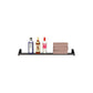 Black wall-mount liquor shelf with bottles and stacked wooden block divider