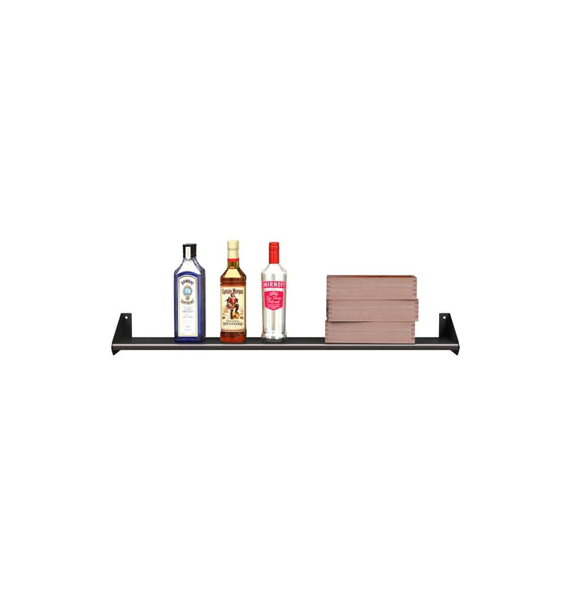 Black wall-mount liquor shelf with bottles and stacked wooden block divider