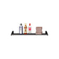 Black wall-mounted liquor display shelf with bottle row and brown storage crate