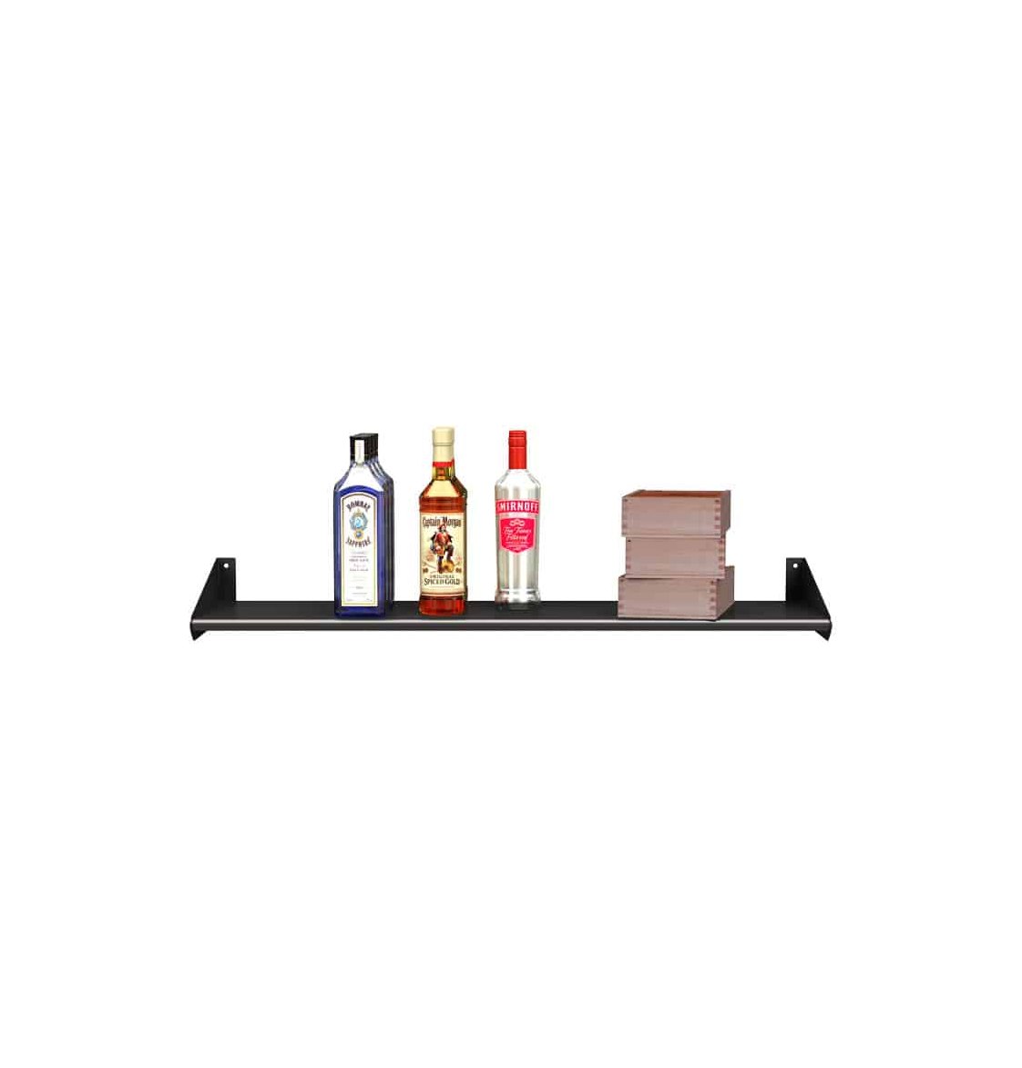 Black wall-mounted liquor display shelf with bottle row and brown storage crate