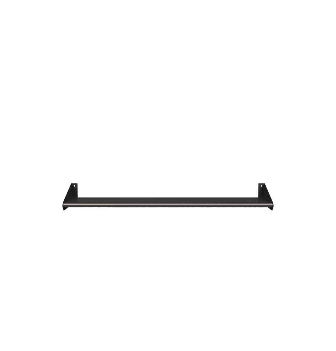 Black wall-mount liquor shelf with straight metal board and end mounting brackets