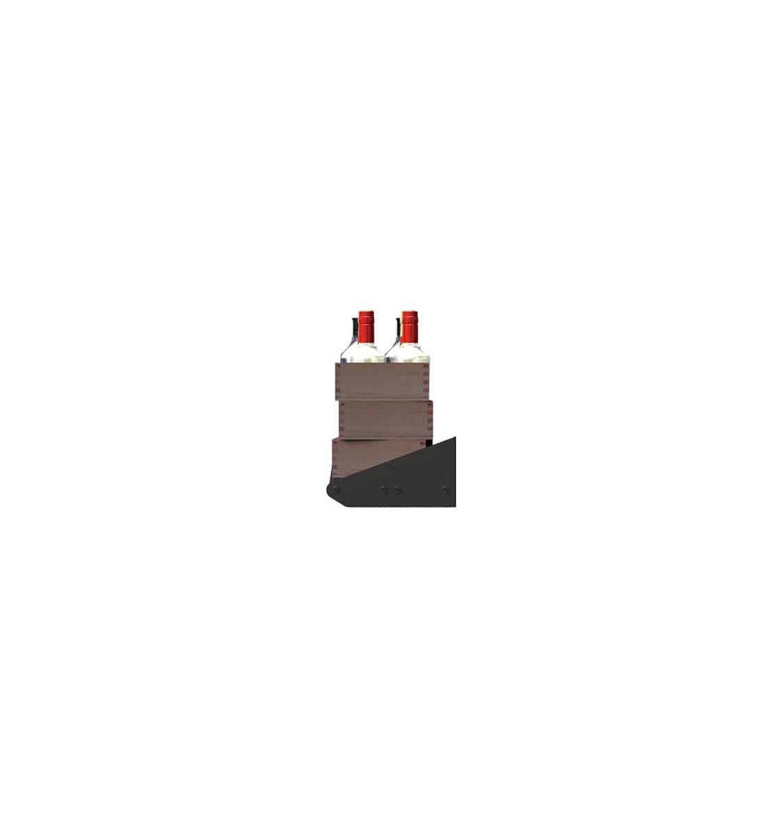 Black end section with bottles on a stacked wooden block divider