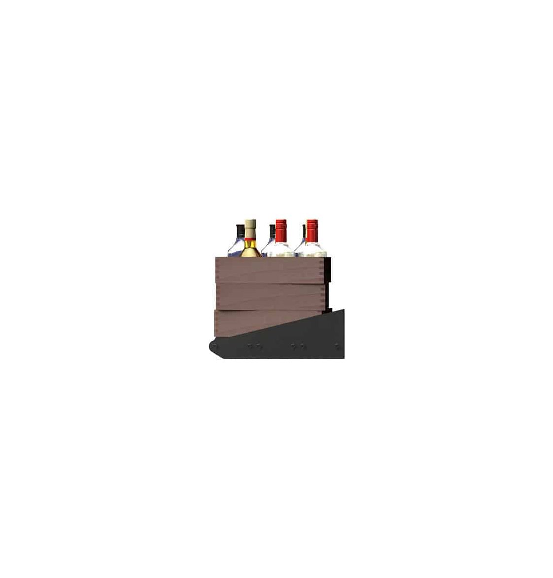 Black liquor display shelf with stacked bottle crates and brown side panels