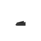 Black metal mounting bracket end piece for liquor shelf, close-up