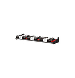 Horizontal bottle rail displaying multiple bottles in a row, black brackets