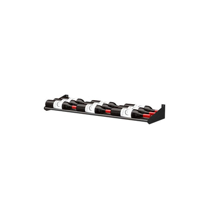Horizontal bottle rail displaying multiple bottles in a row, black brackets