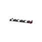 Wall-mounted horizontal bottle rail with black supports and multiple storage slots