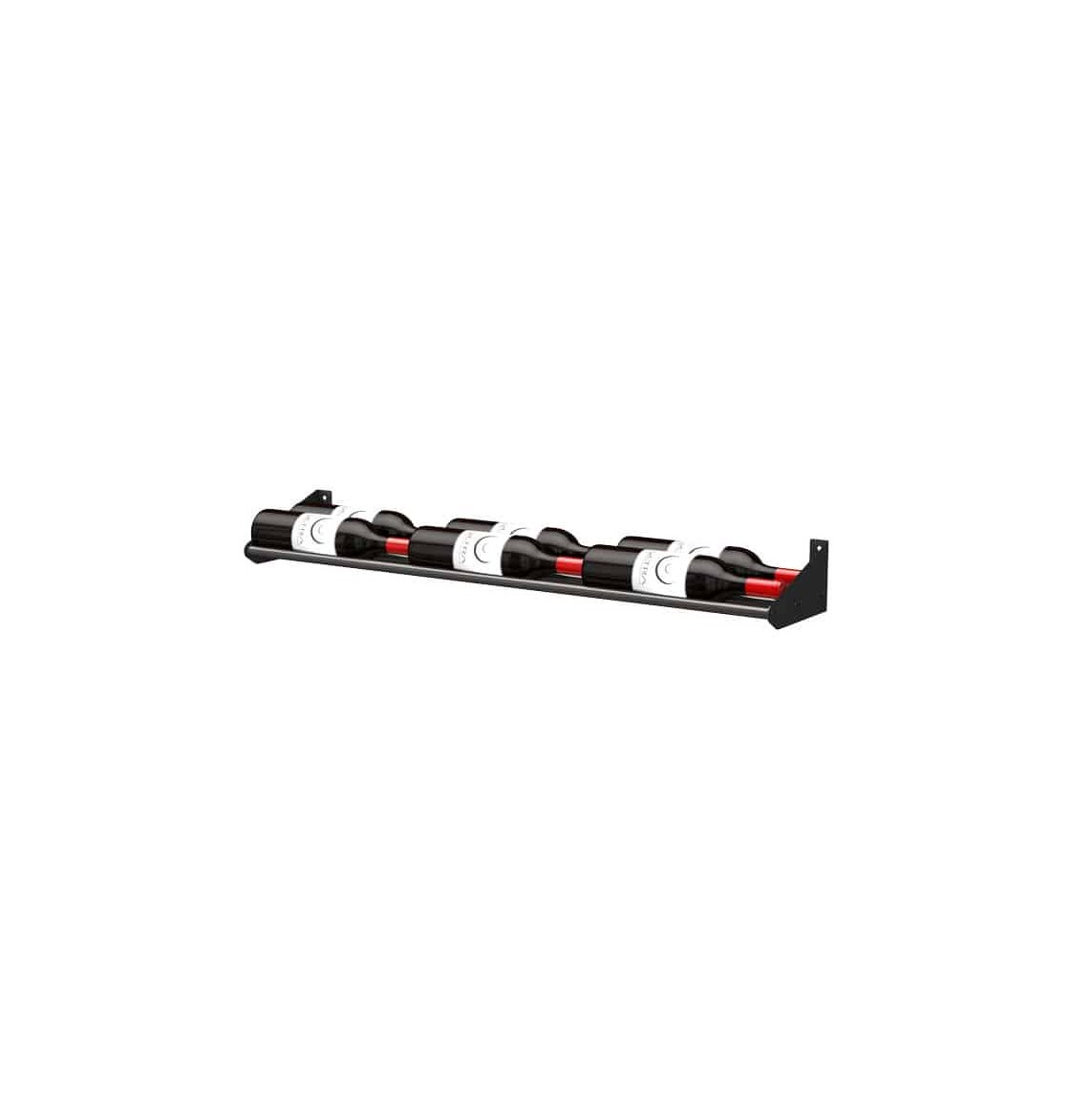 Wall-mounted horizontal bottle rail with black supports and multiple storage slots