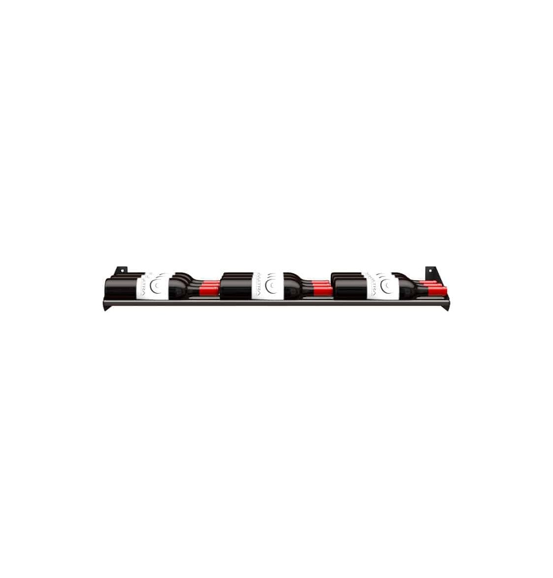 Horizontal bottle rail holding several bottles with black and white labels