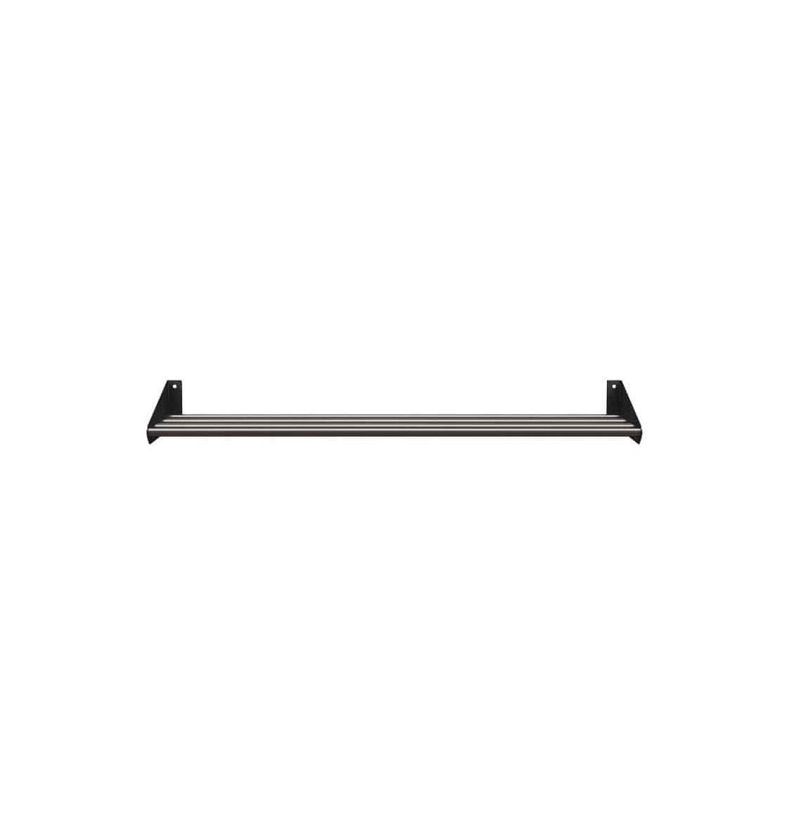 Empty horizontal bottle rail with black brackets and parallel metal rods
