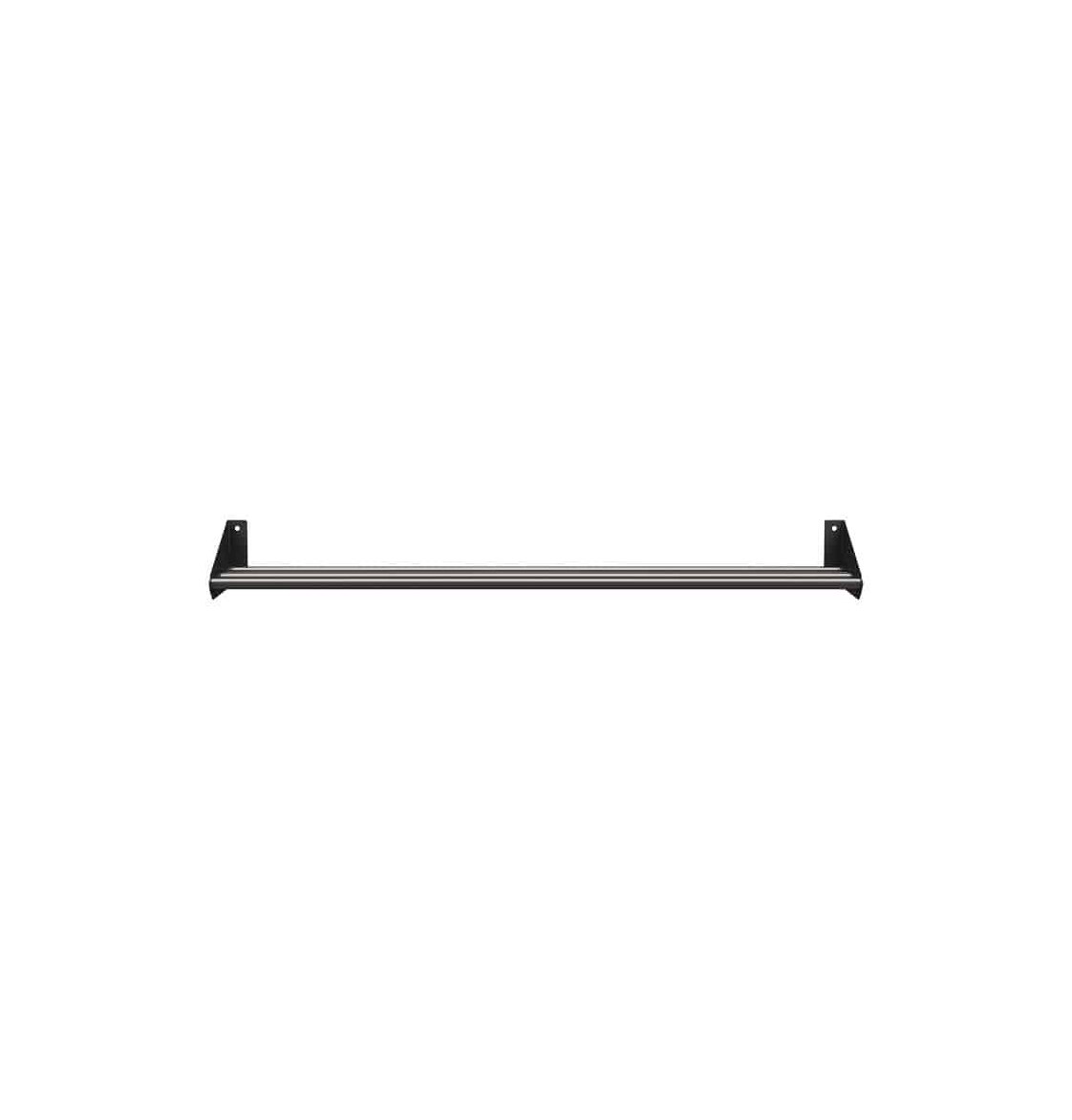Empty horizontal bottle rail with two black wall brackets and three metal rods