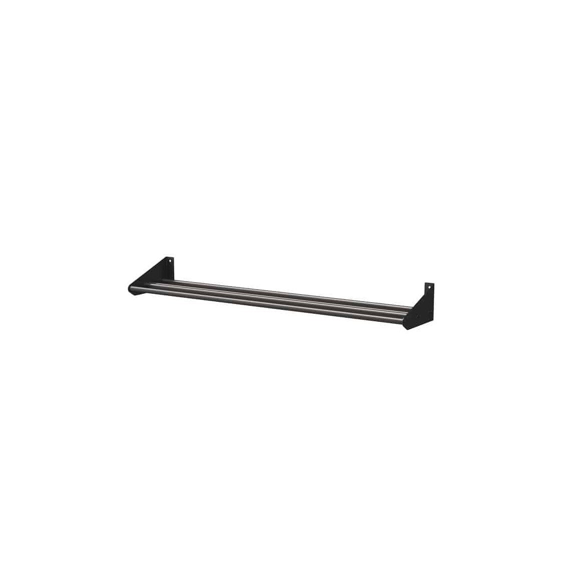 Empty horizontal bottle rail with black brackets and two parallel metal bars