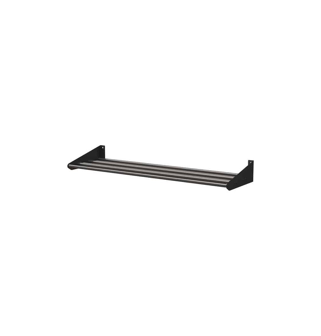 Empty horizontal bottle rail with black end brackets and stacked metal supports