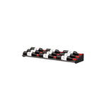 Wine bottle cascading rack with black base and bottle slots, white label bands