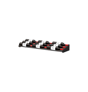Wine bottle cascading rack with black base and bottle slots, white label bands
