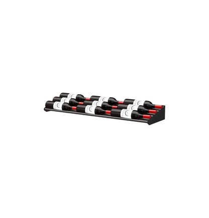 Wine bottle cascading rack with black base and bottle slots, white label bands