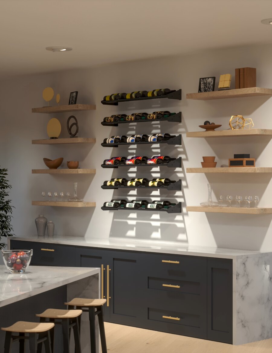 Wall-mounted cascading wine bottle display with multiple tiers of bottle slots