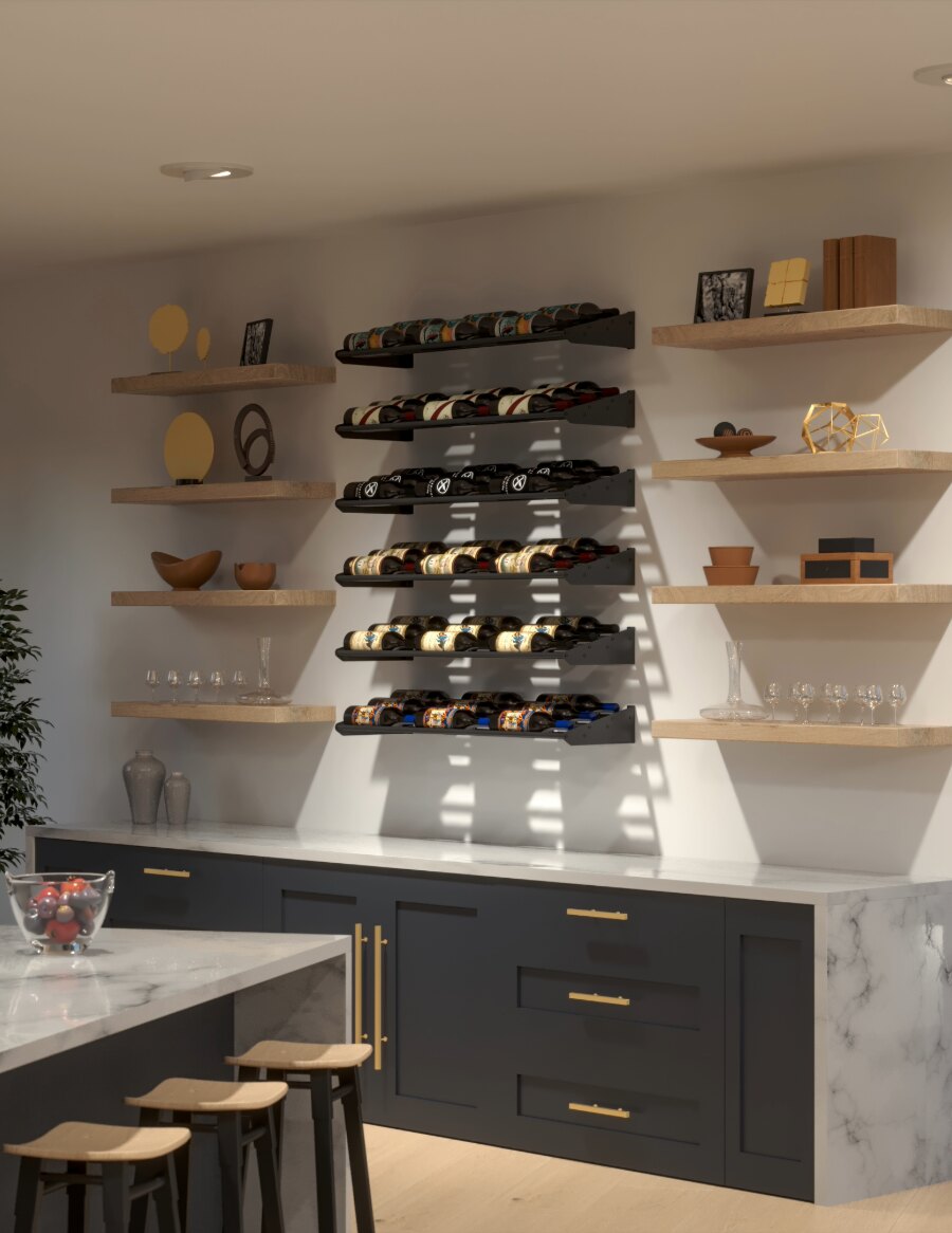 Wall wine bottle display with cascading shelves and bottle slots arranged in tiers