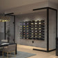 Corner wine bottle display cabinet with cascading bottle shelves on a black frame