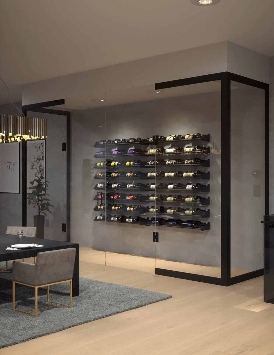 Corner wine bottle display cabinet with cascading bottle shelves on a black frame