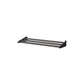 Wall wine bottle display rack with black base and three parallel metal rails