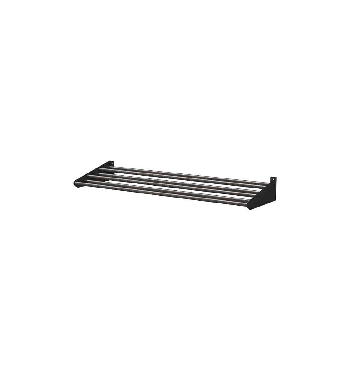 Wall wine bottle display rack with black base and three parallel metal rails