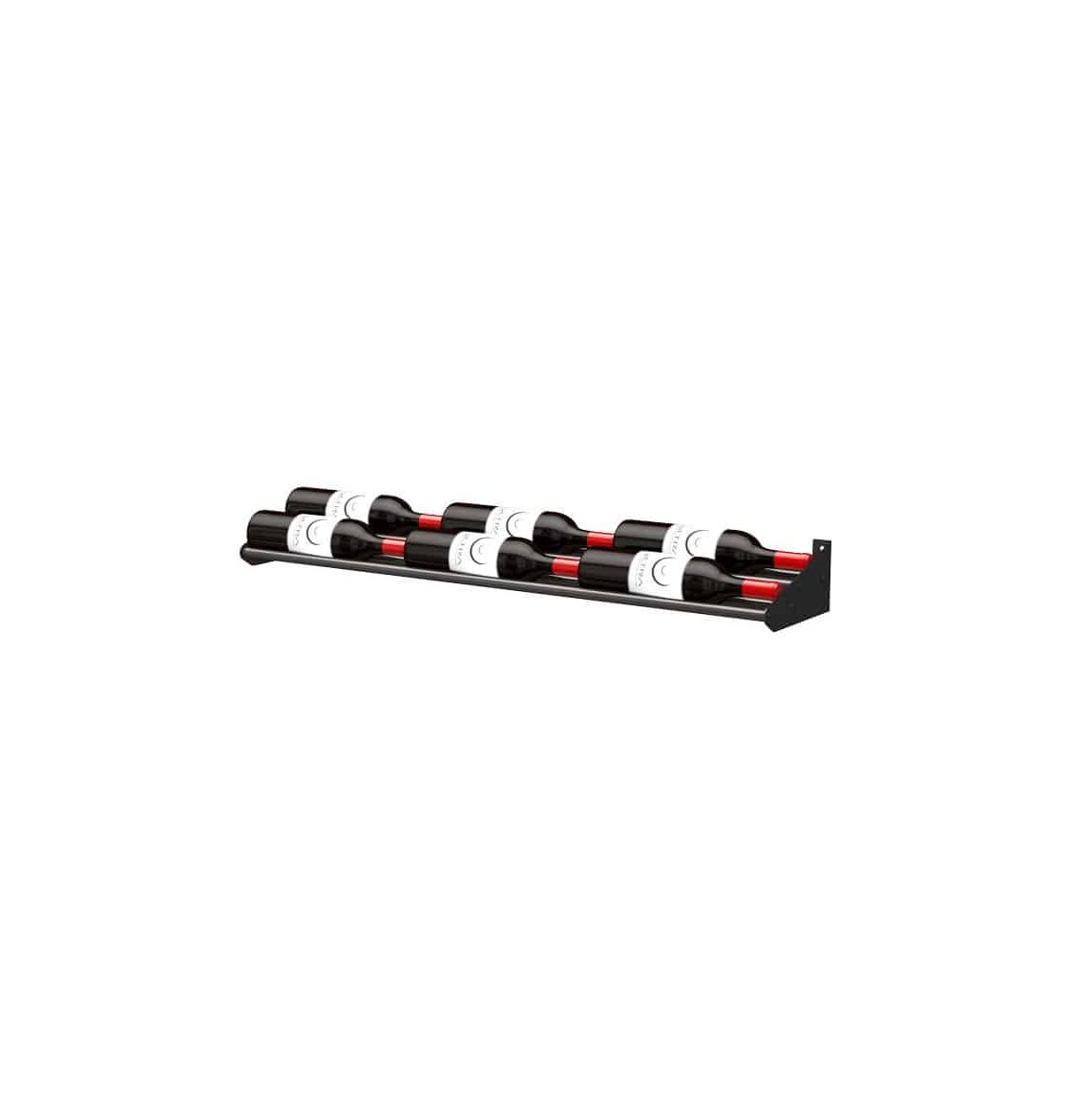 Wine bottle cascading rack with black base, bottle slots, and red accents on caps
